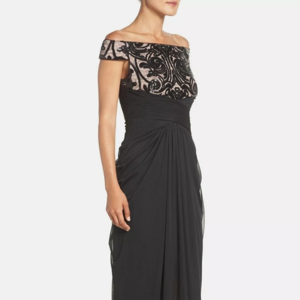Adrianna papell Off Shoulder Sequin And Stretch Tulle Gown, Black/rose -  18w